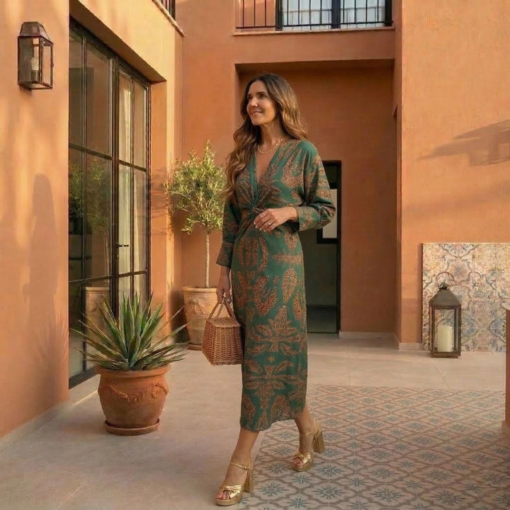 Isadora – Vestido Midi Botánico con Nudo
