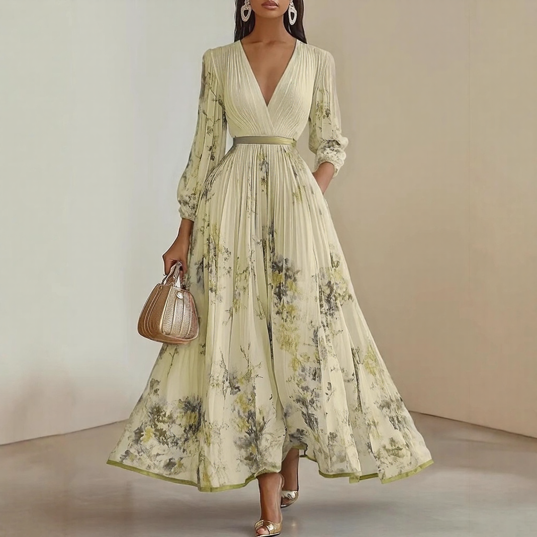 Rosella | Vestido Largo Plisado Floral con Escote en V