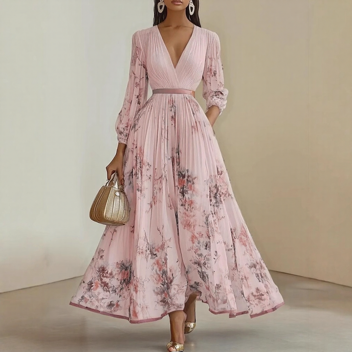 Rosella | Vestido Largo Plisado Floral con Escote en V