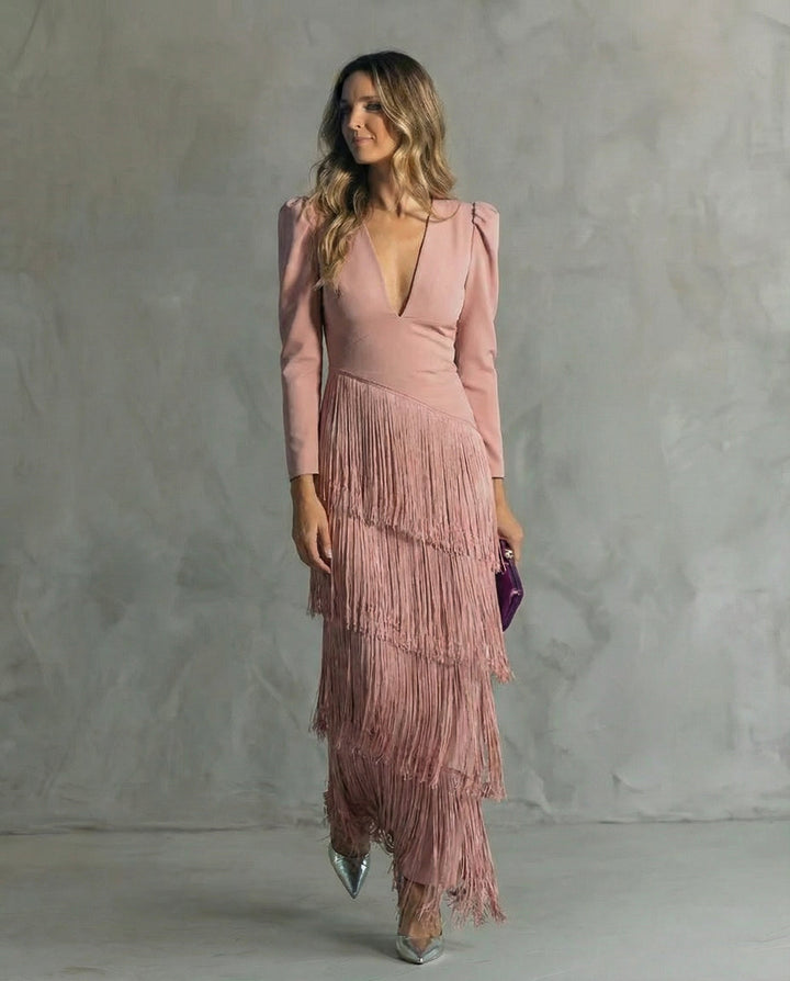 Clara · Vestido elegante con mangas de flecos