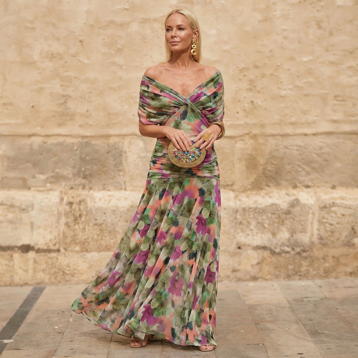 Florendra | Vestido largo floral con escote en V elegante