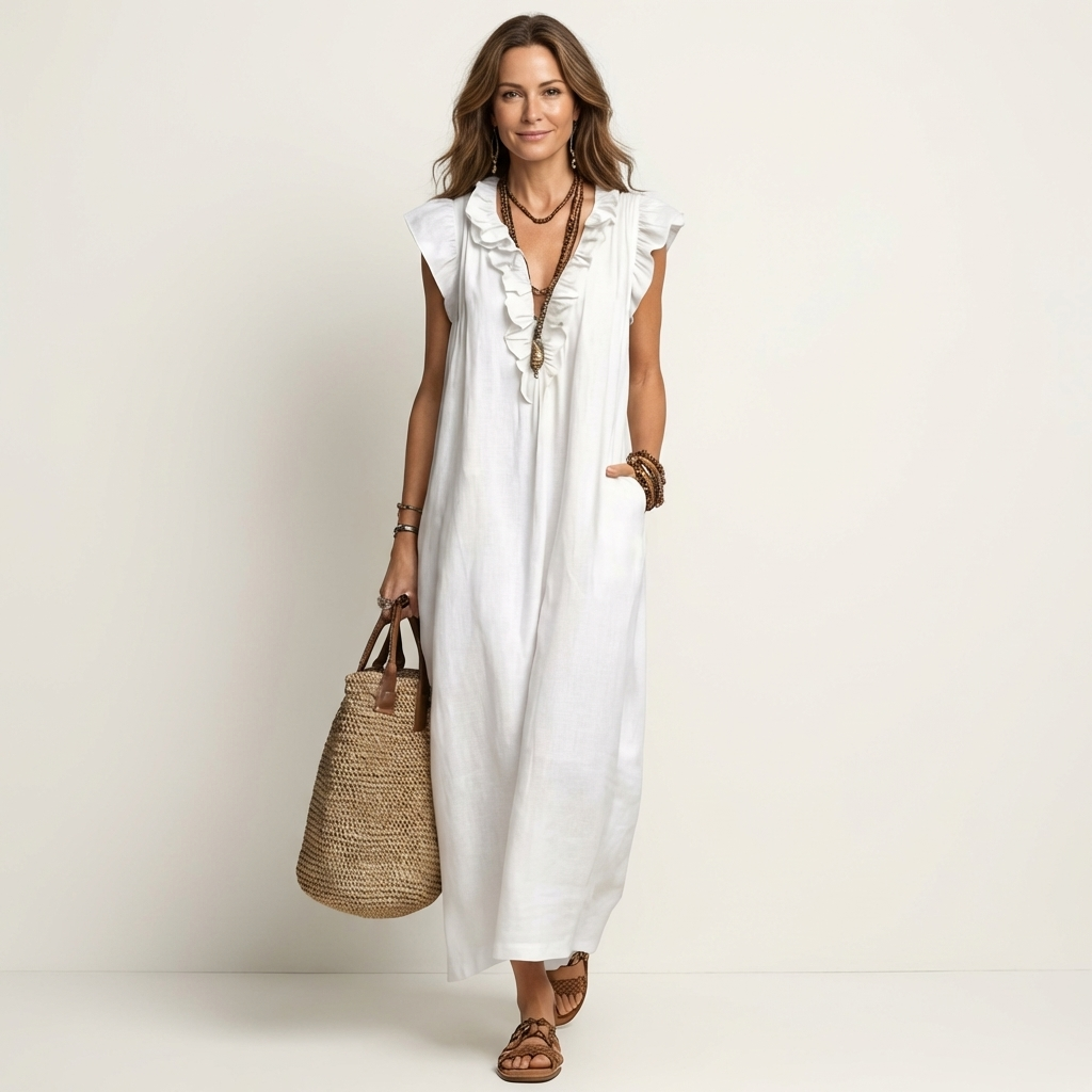 Josette | Vestido Maxi de Lino con Volantes y Escote en V