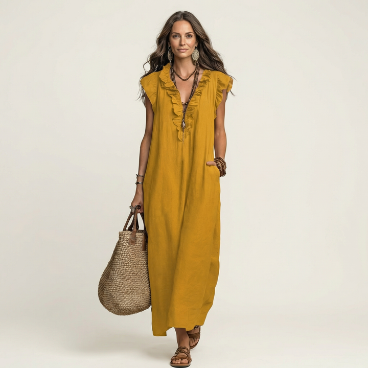 Josette | Vestido Maxi de Lino con Volantes y Escote en V