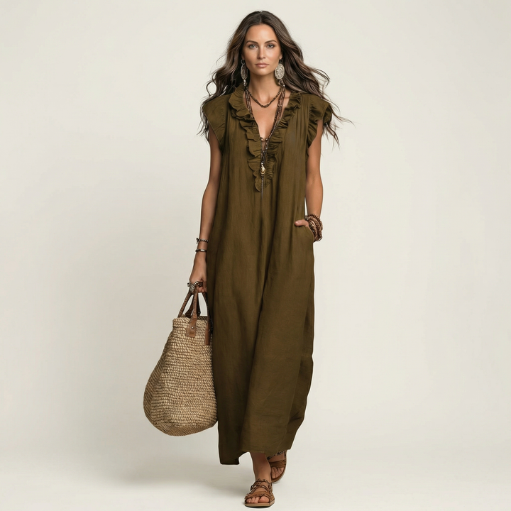 Josette | Vestido Maxi de Lino con Volantes y Escote en V