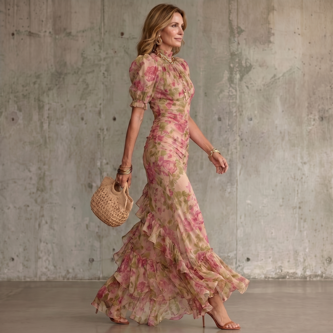 Fiora | Vestido Maxi de Estampado de Rosa Vintage