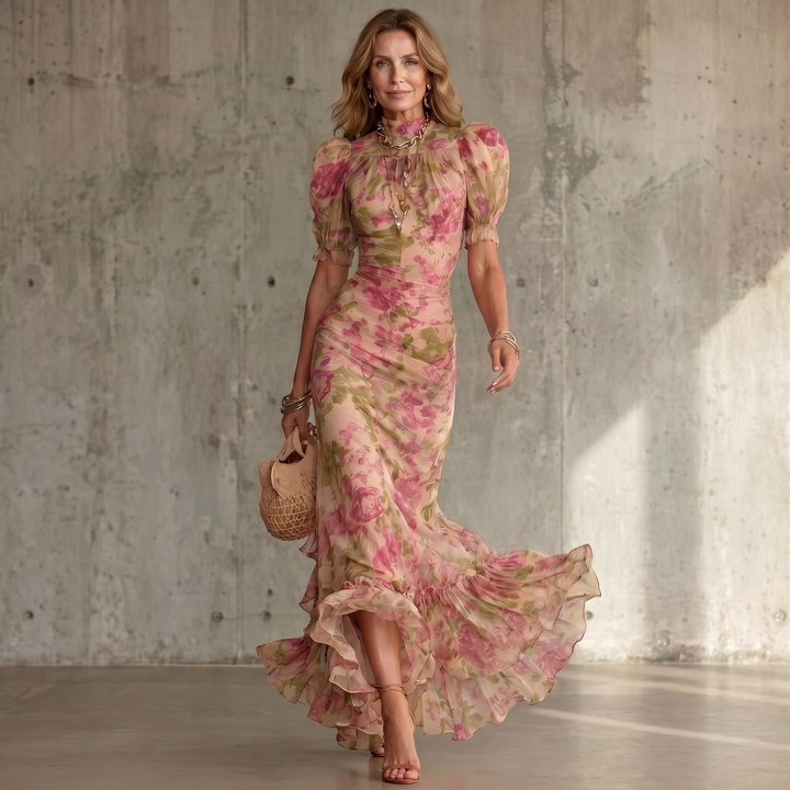 Fiora | Vestido Maxi de Estampado de Rosa Vintage